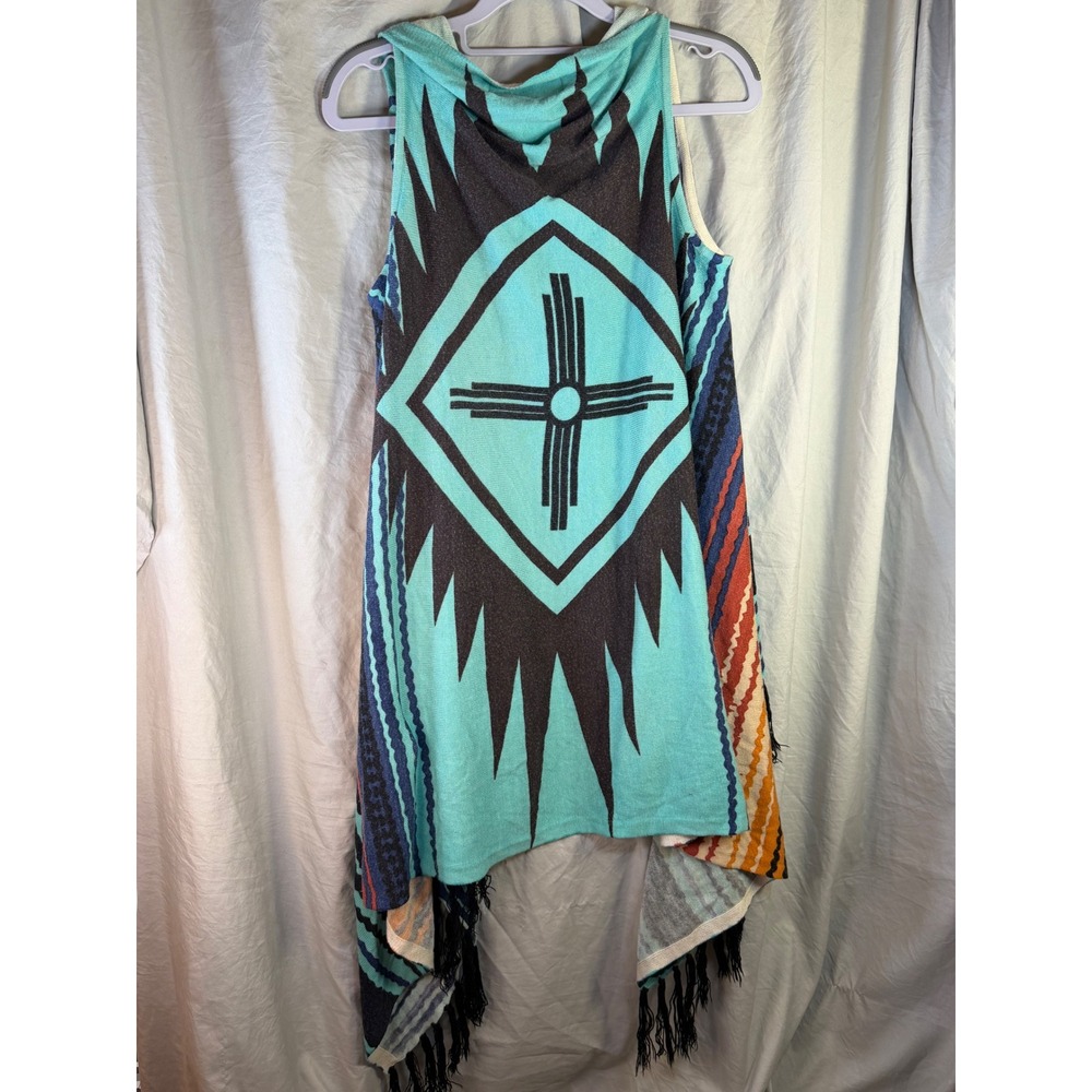 Crazy Train Womens Plus Southwestern Zia Sun Fringe Knit Open Front Vest Multi - Picture 4 of 6